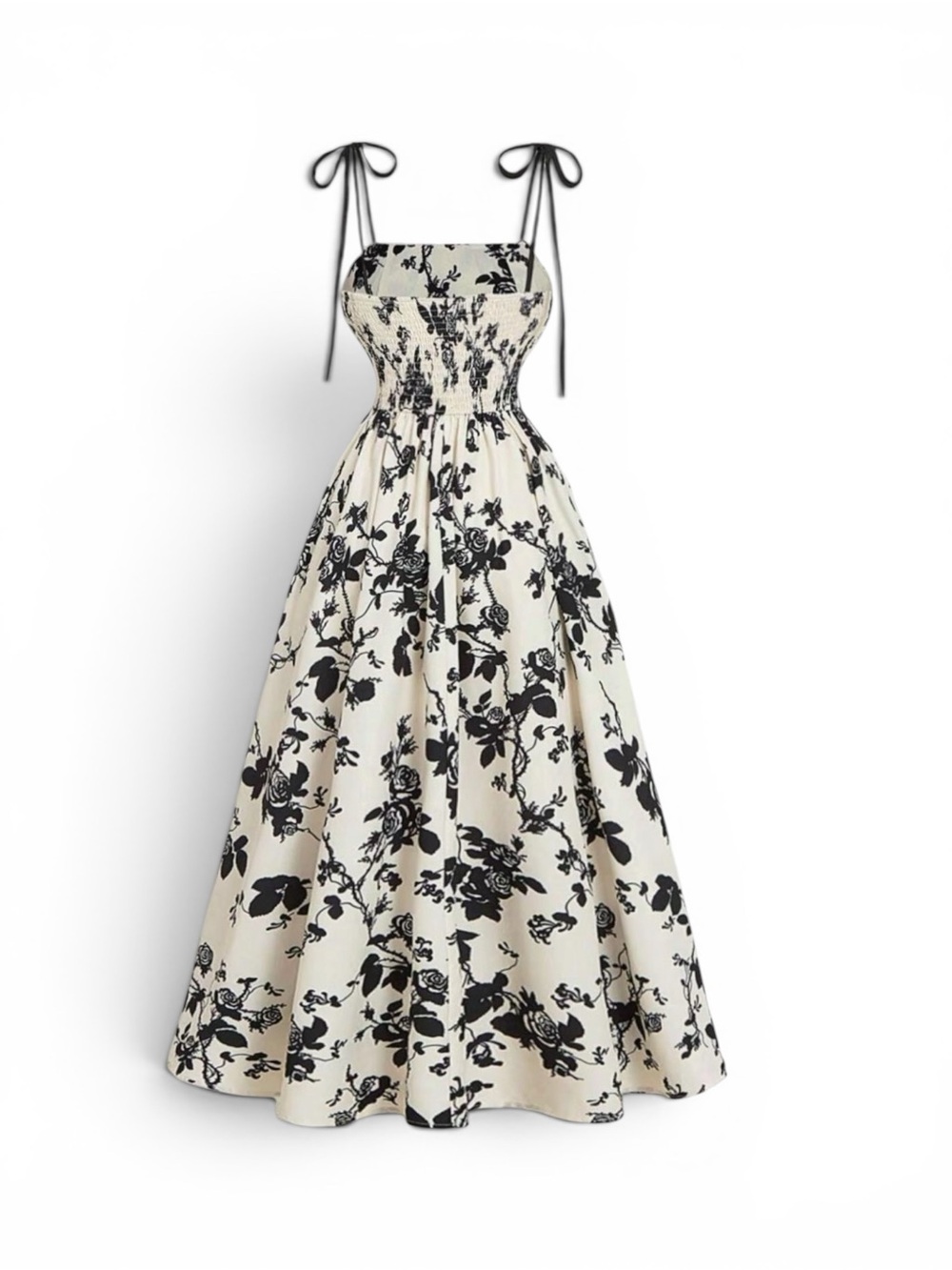 Classic Black & Cream Floral Tie-Shoulder Maxi Dress